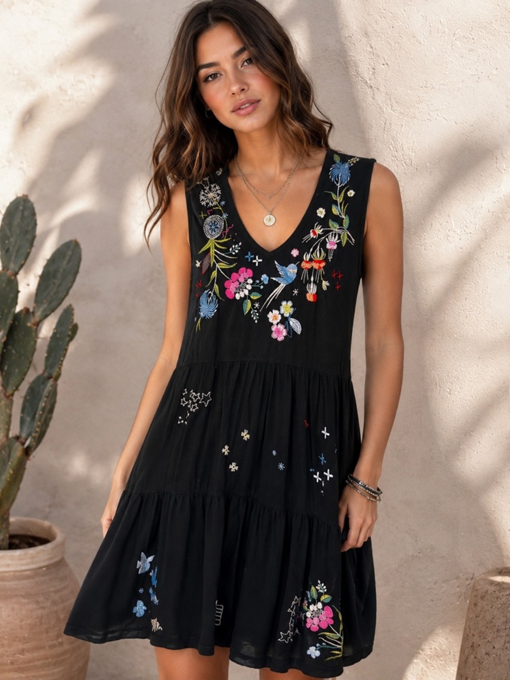 Johnny Was Cleo Tiered Knit V-Neck Tank Top Boho Black Embroidered Dress